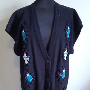 Vintage Button-up Black Sweater Vest With Tiny Knit People Oversized Streetwear